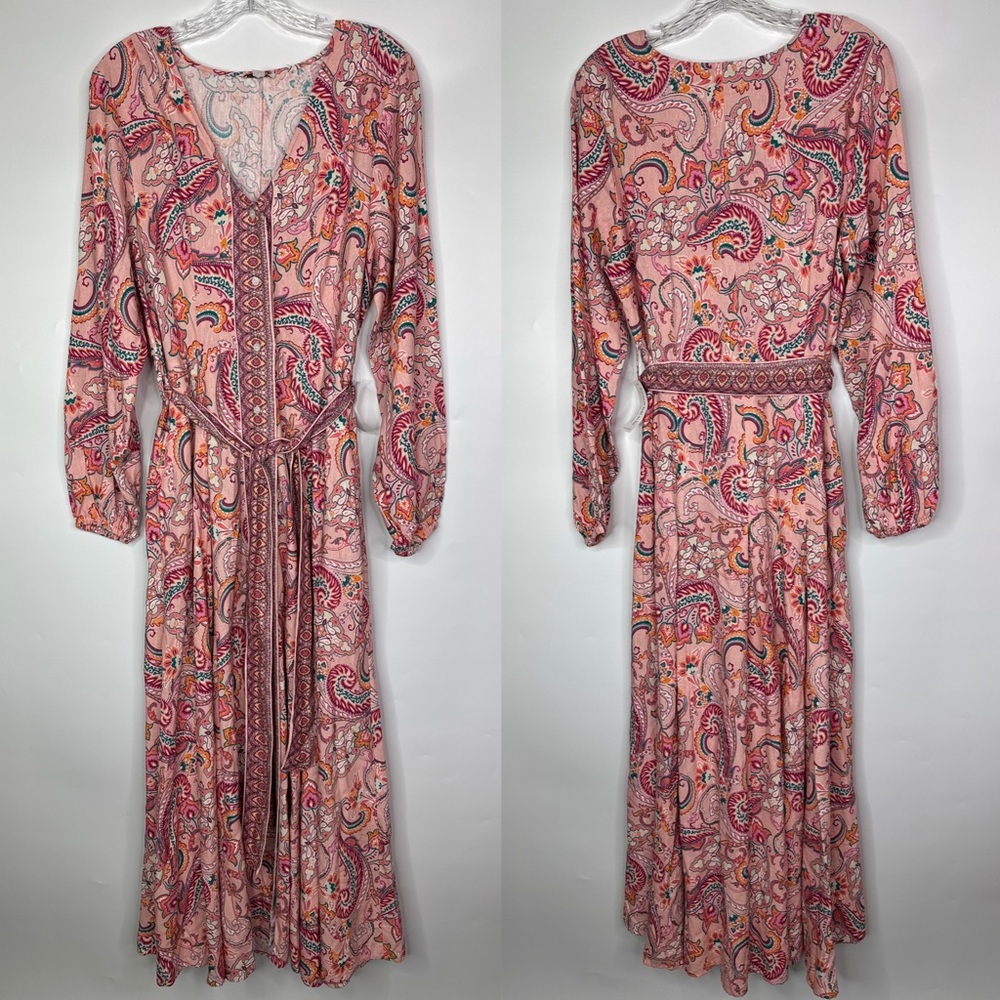 Venus Linen Blend Belted Paisley Maxi Dress Size 10 NWOT
